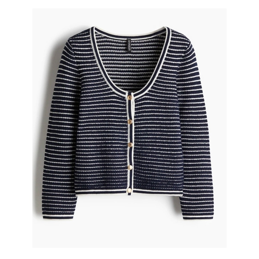 Nautical Striped Cardigan Top XS Navy Blue Gold Button Crop Sweater Preppy Twee